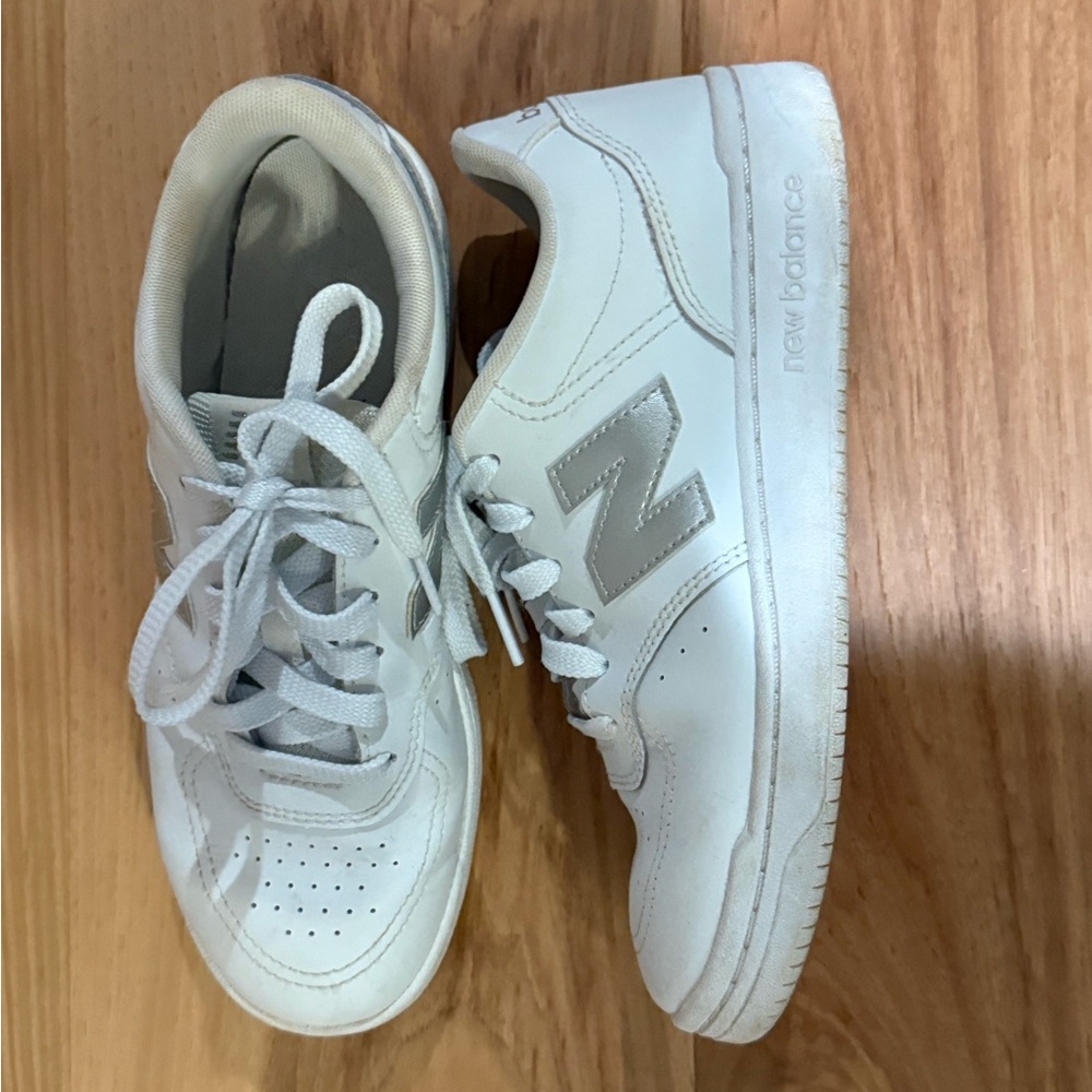 New Balance White and Silver Athletic Shoes